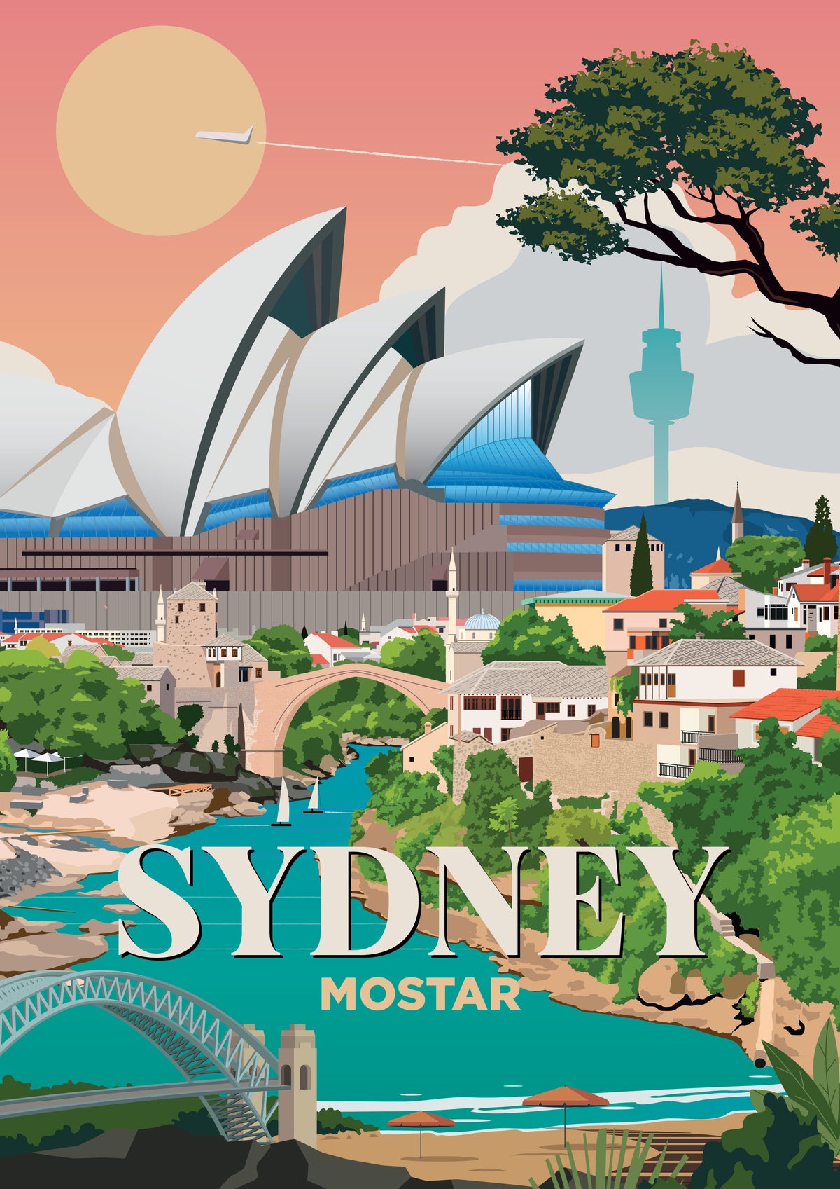 Sydney x Mostar city skyline wall art print