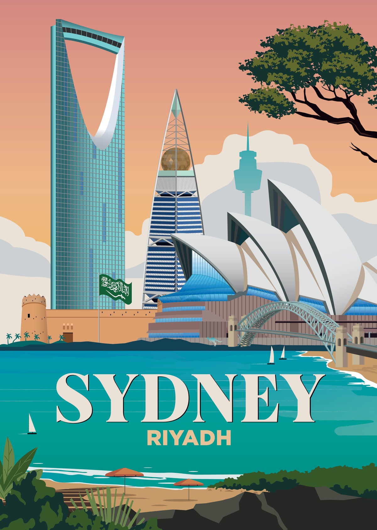 Sydney x Riyadh city skyline wall art print