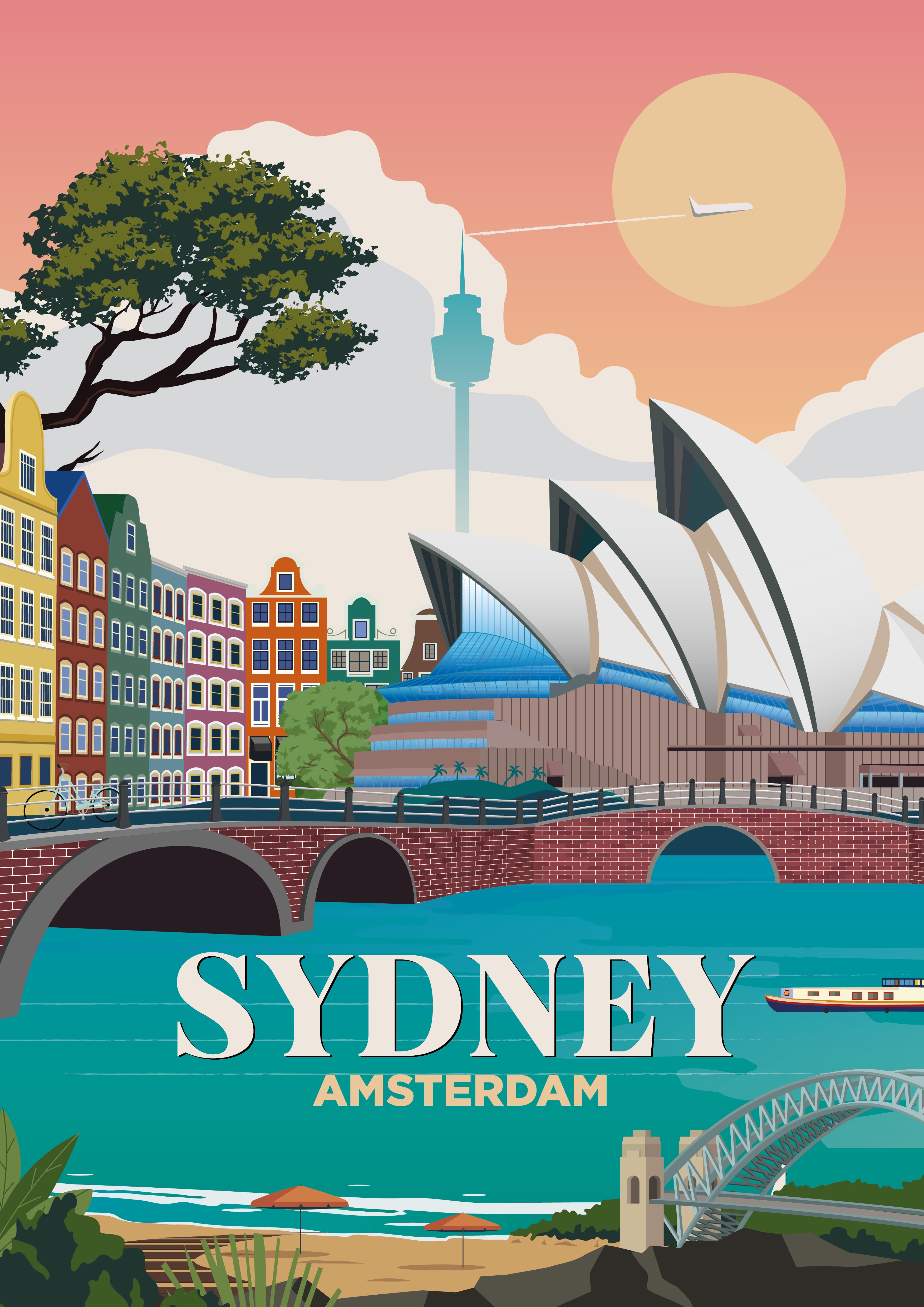 Sydney x Amsterdam city skyline wall art print