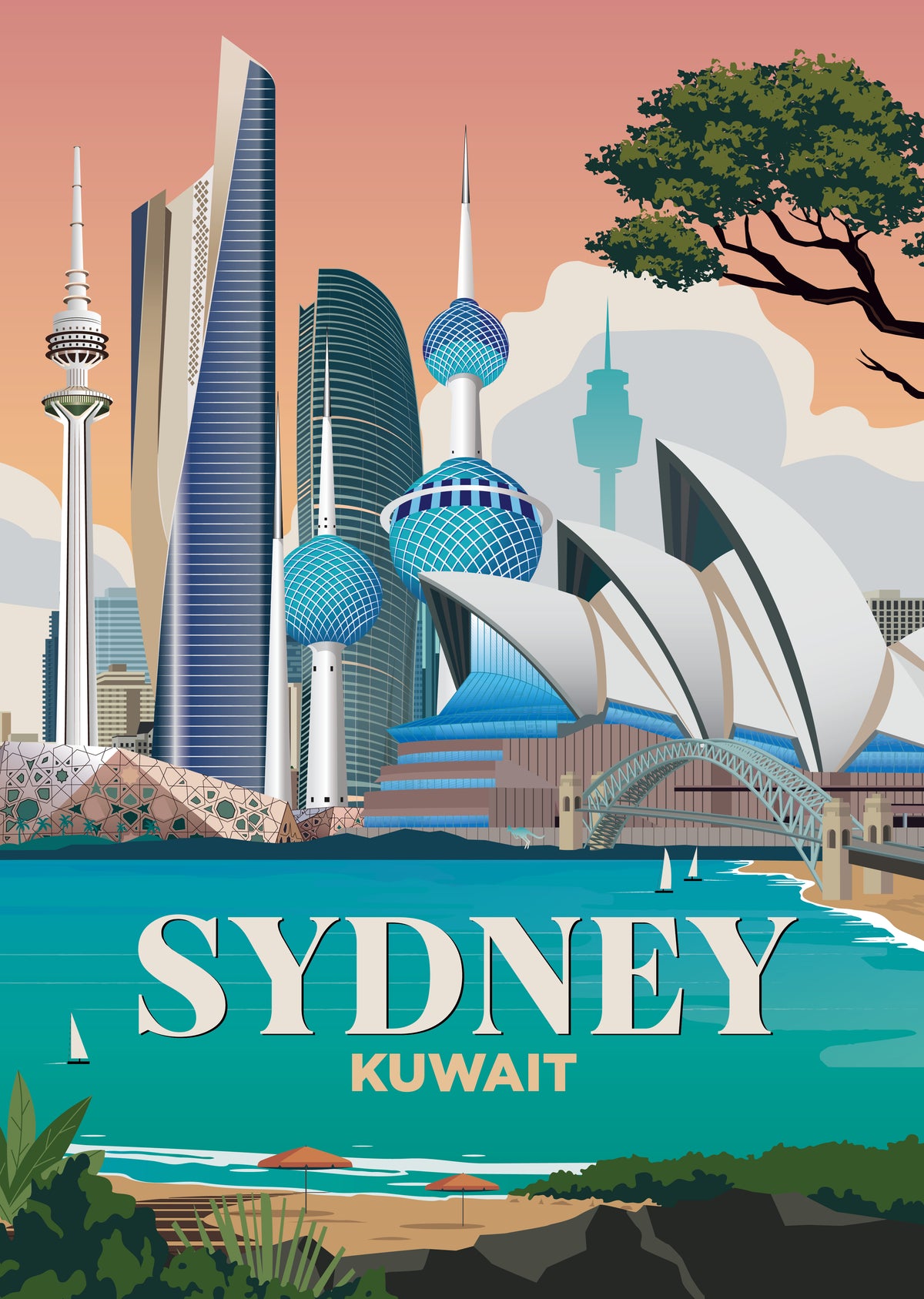 Sydney x Kuwait city skyline wall art print
