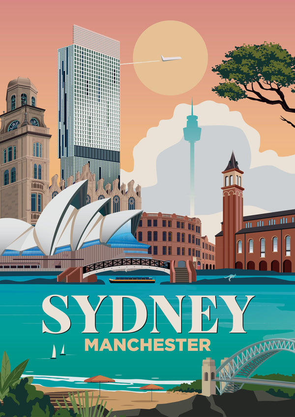 City Skyline Wall Art Combining Landmarks from Sydney and Manchester