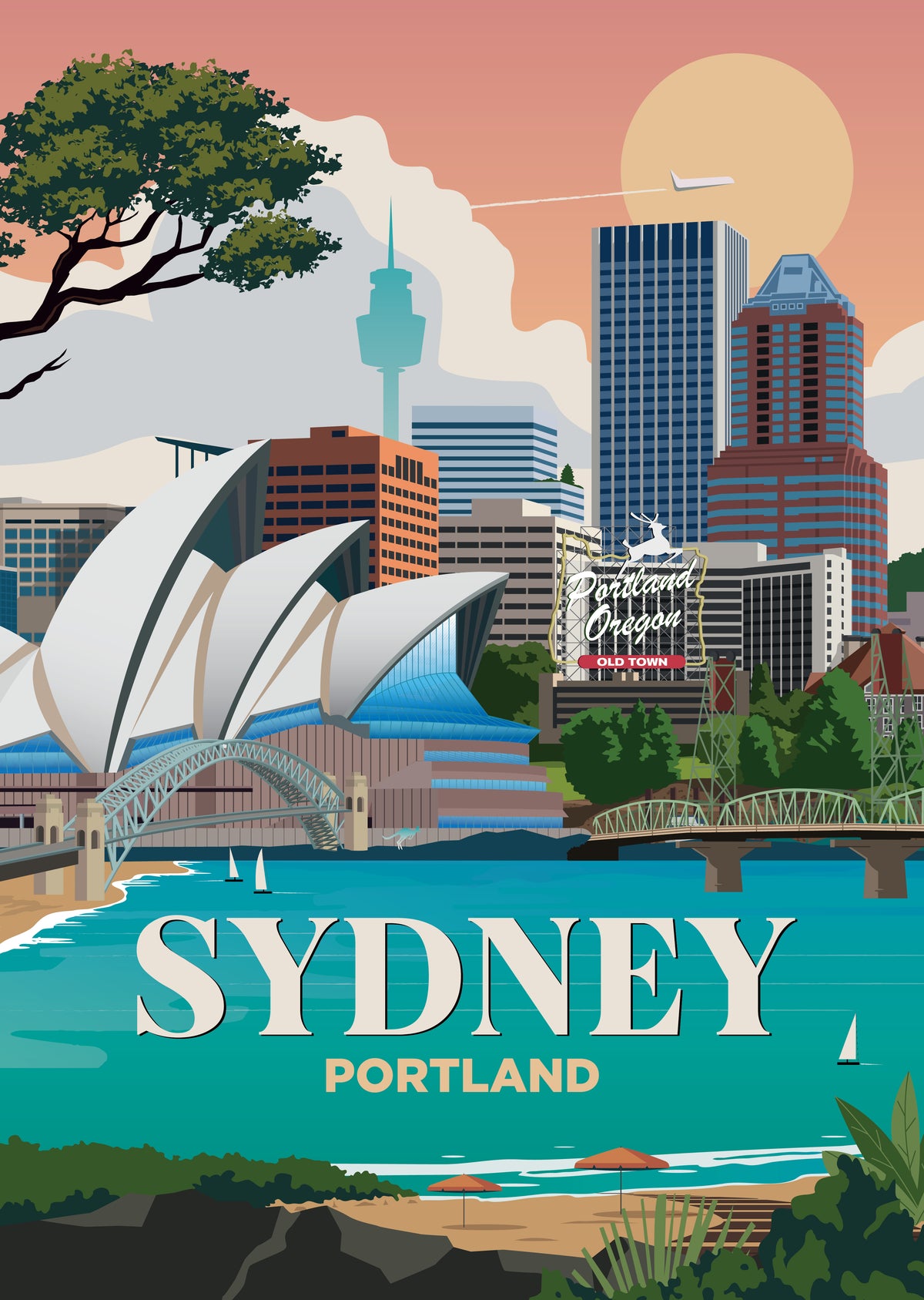 Sydney x Portland city skyline wall art print